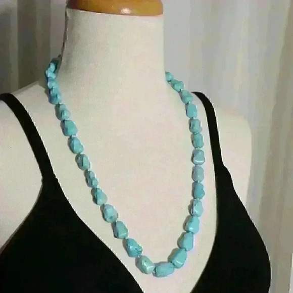 Vintage Silver Blue Turquoise Nugget Hand Knotted/Beaded 24 Inch Necklace - Picture 1 of 6